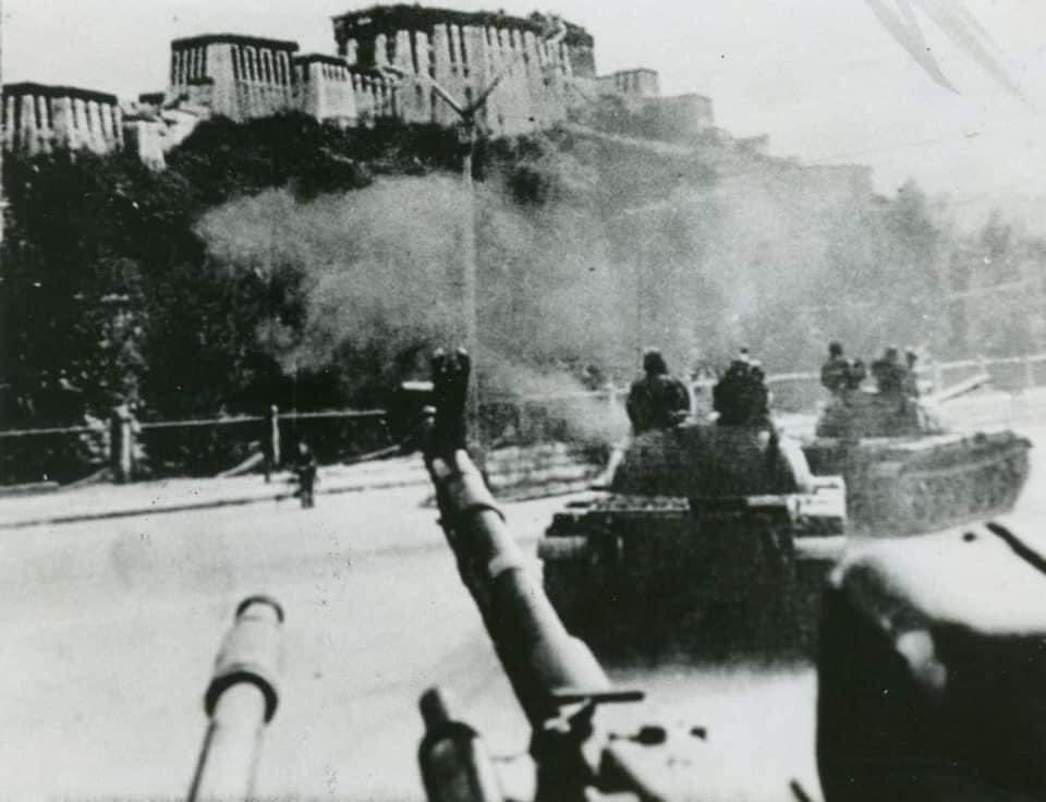 UGyalpo_Tibet's tweet photo. PLA tanks in Lhasa,Tibet,1959. CCP bombed and destroyed almost 90 percent of Tibetan monasteries during its invasion of Tibet. There was no media to the cover the news. UN played deaf and dumb to our cries. Thousands of Tibetans were turned destitute overnight as refugees. https://t.co/4vnQntsloJ