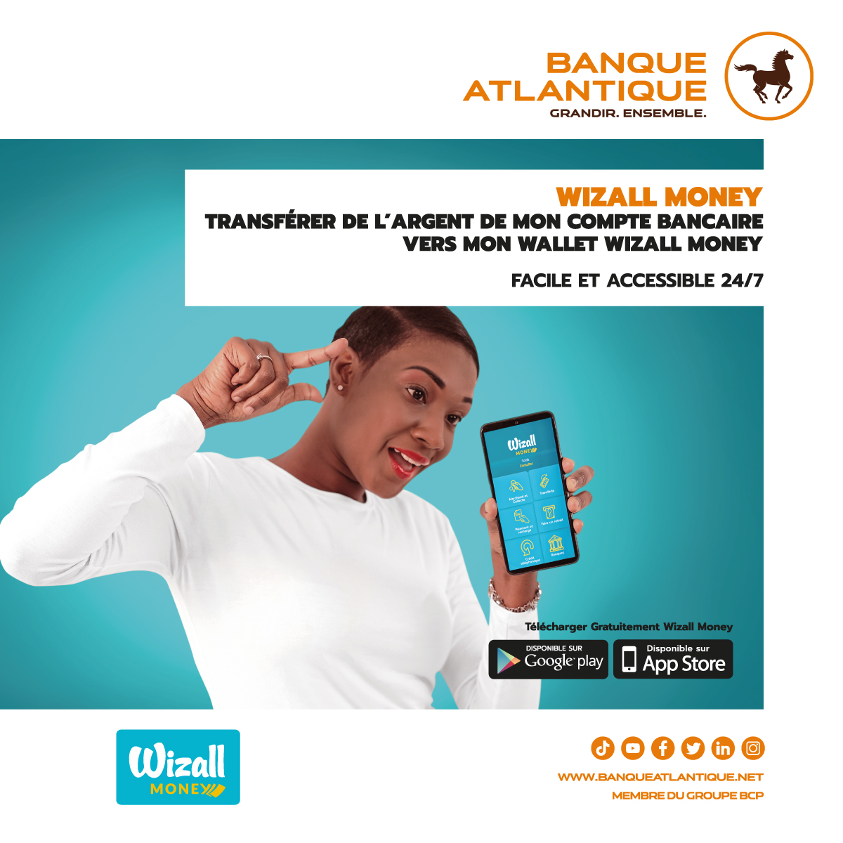 🇧🇫📱💰 [WIZALL MONEY]
Vous êtes au Burkina Faso ? Avec l’appli Atlantique Mobile, transférez de l’argent de votre compte bancaire vers Wizall Money.

Pour en savoir plus, rendez-vous en 🏦 agence ou contactez le Centre de Relation Clients au ☎️ 25 42 95 95.