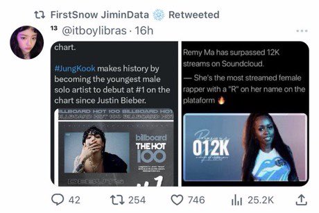 chartjungkook's tweet photo. Insecure bitter 24K followers fanbase again rting posts of akgaes to try feel better when Jungkook just received a BAK, biggest streaming and sales week. Seek help @FJimindata, your life might be terrible. https://t.co/U1PeL1areZ