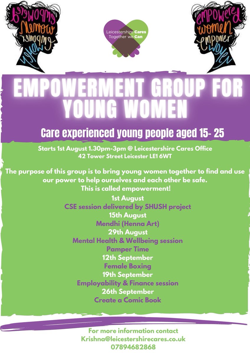 Our Powering Up Project at Leicestershire Cares have developed an Empowerment group for Young Women which starts next Tuesday 1st August 1.30pm-3pm at our Leicestershire Cares office.
#TogetherWeCan #CEYP
<a href="/EsmeeFairbairn/">Esmée Fairbairn</a> <a href="/Leicester_News/">Leicester City Council</a> <a href="/JasmineHouseLRC/">Jasmine House</a> <a href="/shamacentre/">Shama Women's Centre</a>