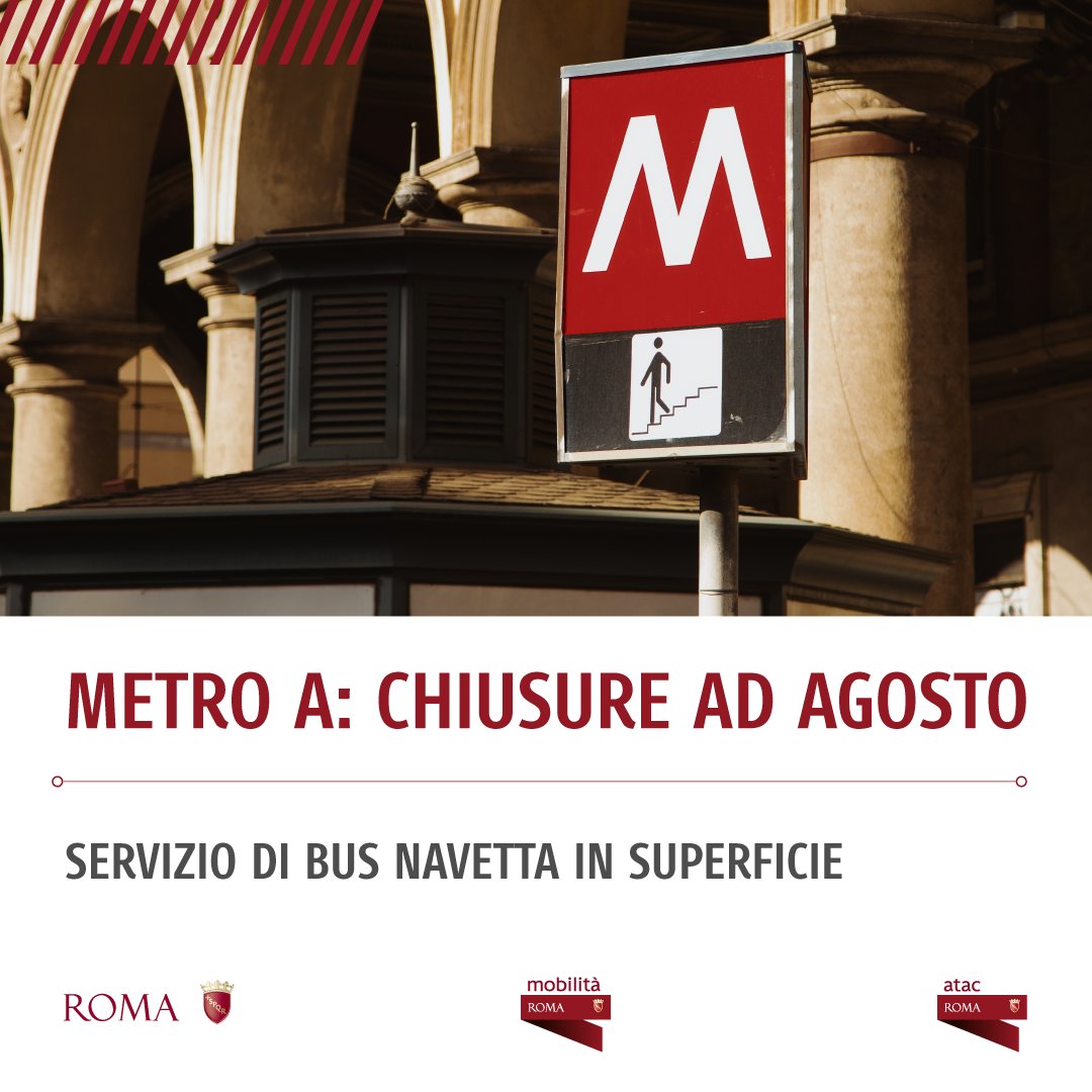 romamobilita's tweet image. ❗🚇  Ad agosto parziali #chiusure di alcune tratte della #metroA: 

🔶 dall’11 al 13/08  interrotta Anagnina - Subaugusta;
🔶 dal 14 al 24/08, interrotta Arco di Travertino - Ottaviano.

🚌 Attivo servizio bus navetta in superficie.

👉bit.ly/43Hu5bA