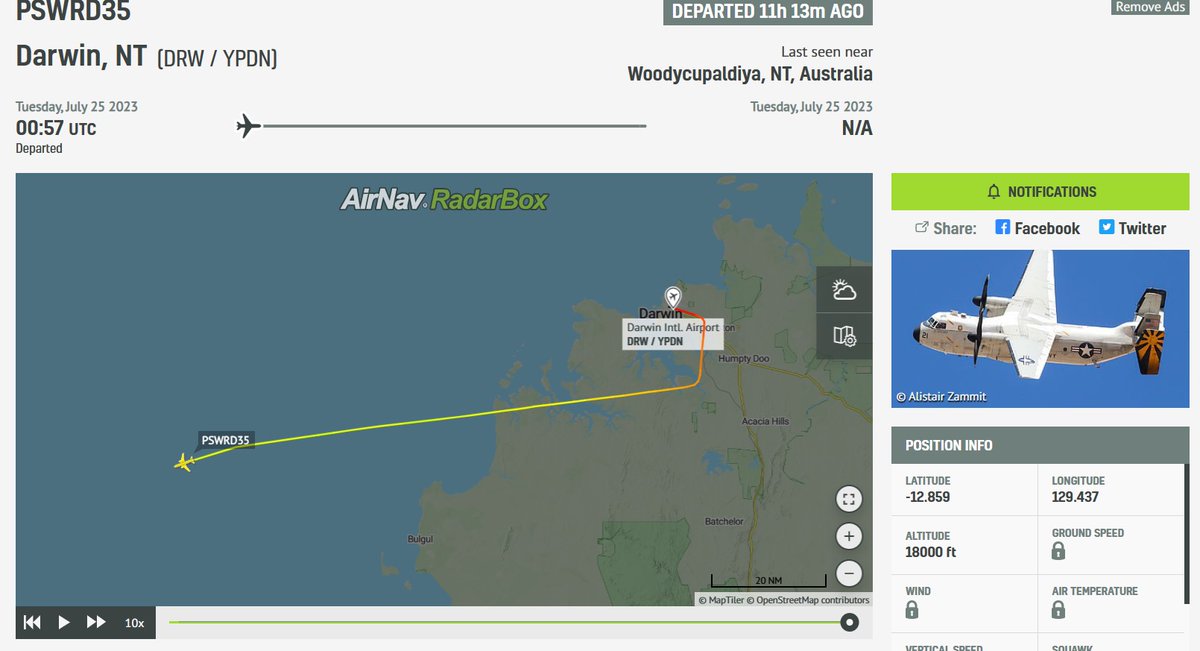 d_viekass's tweet photo. @Moochikal @raje271065 @MT_Anderson @supbrow @NavyLookout @duandang @ryankakiuchan @CeciliaSykala @Ghongha007 #AirNavRadarBox #C2AGreyhound #PSWRD35 departed #Darwin 25 Jul 23:00:57 UTC & visited #USSRonaldReagan #CVN76 operating #TimorSea. Likely Loc:12.859S,129.437E @Moochikal @raje271065 @MT_Anderson @supbrow @NavyLookout @duandang @ryankakiuchan @CeciliaSykala @Ghongha007 https://t.co/Fb0d2vuEPI