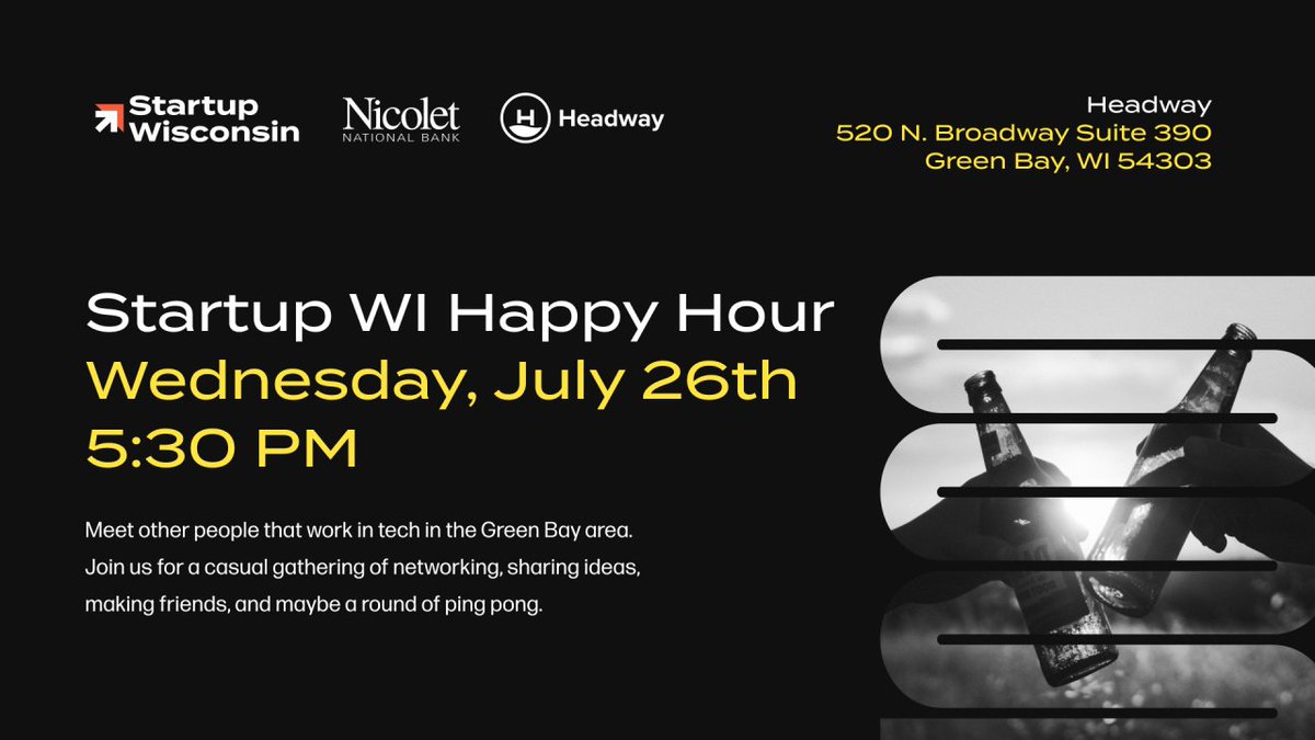 Join the Green Bay startup community tomorrow for a casual get together and happy hour!   

Share things you are working on, ask for feedback on ideas, and get advice to help you get unstuck.  

Hosted by <a href="/headwayio/">Headway</a> and <a href="/quarterdeckclub/">Quarterdeck Club</a>.

Get the details 👉eventbrite.com/e/startup-wisc…