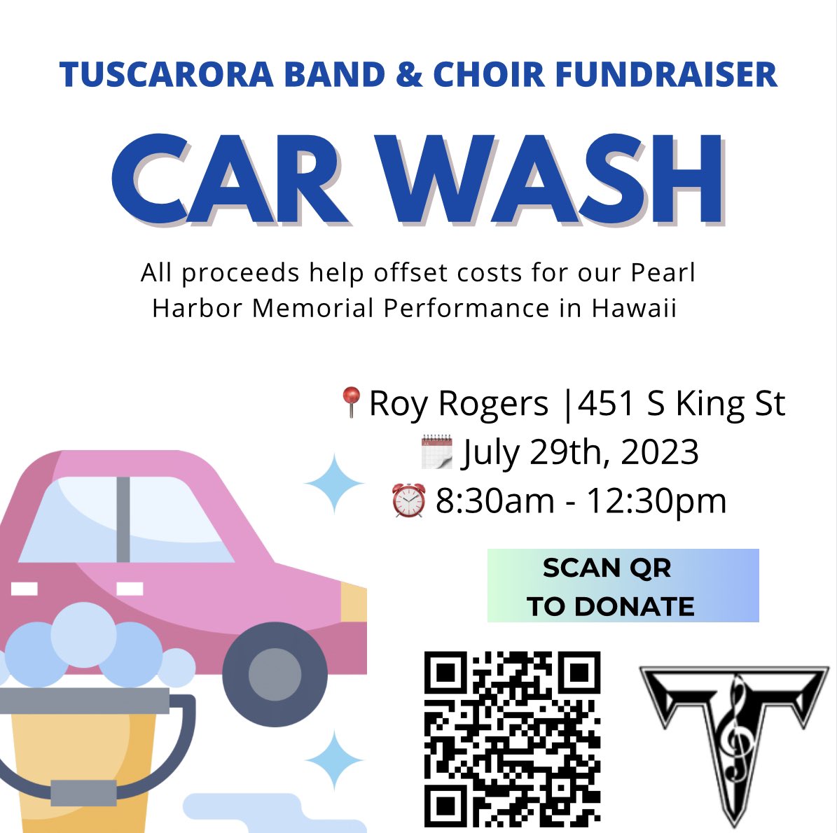 Come out on July 29th and let the members of the THS Band &amp; Choir wash your car! Any shares or donations are welcome! 

Donation link: tuscarora-band-boosters.square.site