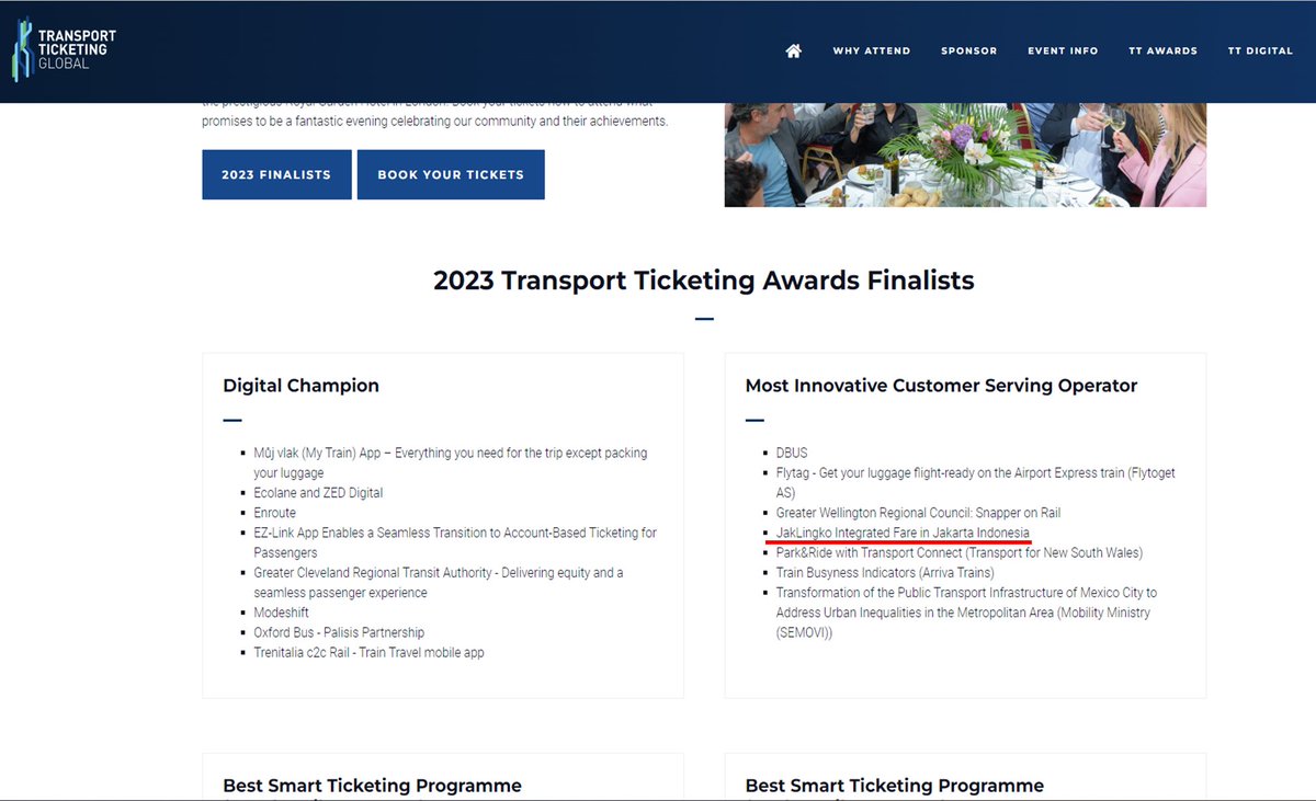 JakLingko dinobatkan finalis ajang Transport Ticketing Global Awards antaranews.com/berita/3371862…

2023 Transport Ticketing Awards Finalists, Most Innovative Customer Serving Operator transport-ticketing.com/awards-categor…