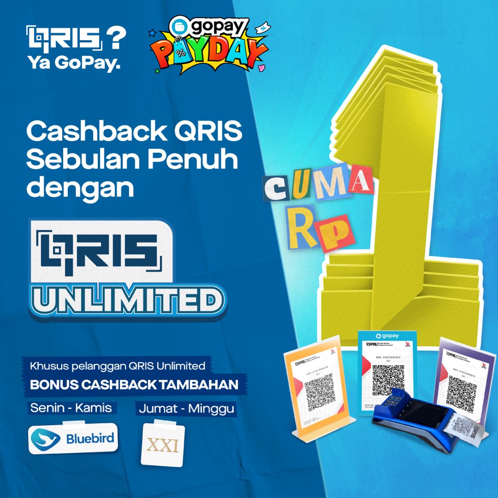 gopayindonesia's tweet photo. Saatnya berburu CASHBACK di #GOPAYPAYDAY!

Tinggal beli paket QRIS UNLIMITED Rp1 aja di aplikasi Gojek, kamu bisa dapetin cashback gak habis-habis selama sebulan penuh, tiap transaksi lewat QRIS di mana-mana pakai GoPay.

S&amp;K berlaku, beli paketnya di https://t.co/djJxiWwh1Z https://t.co/v0Y0lYcNk6