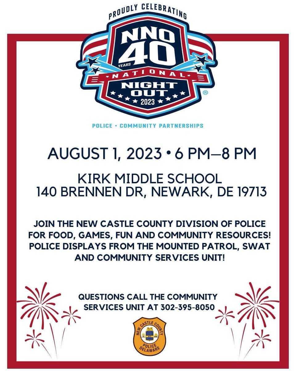 One week away! Come on out for a fun-filled night. August 1st, 6PM to 8PM #nccpd #nationalnightout #CommunityEngagement #nccde #netde #Delaware