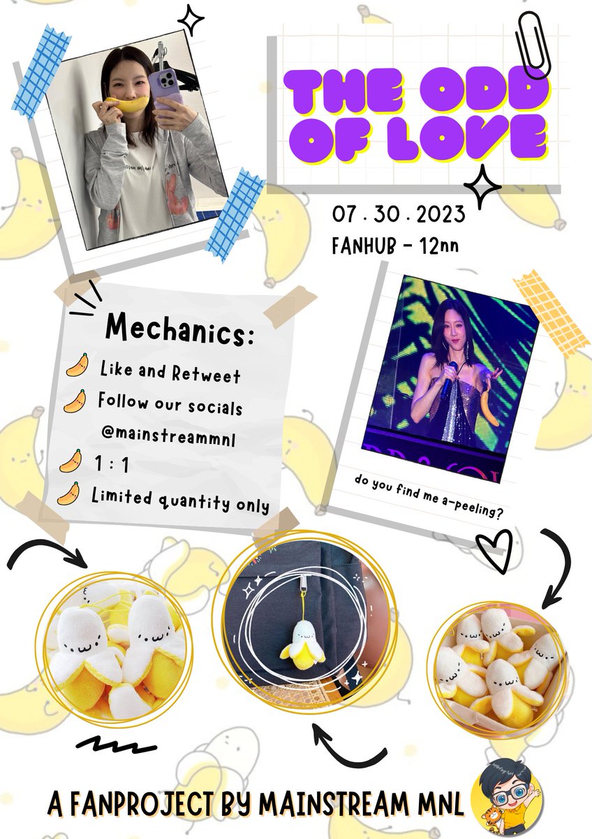 mainstreammnl's tweet photo. 'Goin Bananas' A Fan Support Project from Mainstream MNL 

We are going bananas for Taeyeon! So we are giving away these cute mini plushies!

Mechanics:
🍌 💛and 🔁
🍌 Follow our socials (@mainstreammnl)
🍌1:1
🍌 Limited Quantity

#TheODDOfLOVE_in_MANILA #TheOddofLOVEinMANILA https://t.co/meJyEsj6rv
