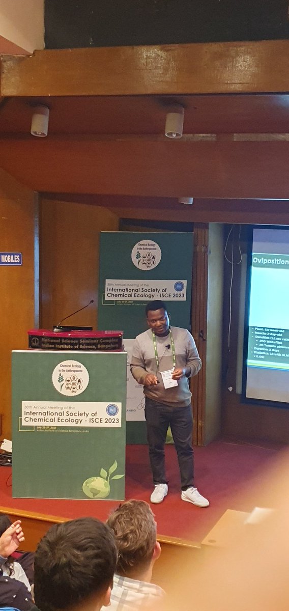Rodrigue Fiaboe, ICIPE PhD student and ISCE student travel award recipient presenting on intraguild interactions between whitefly and the tomato pinworm infestation on tomato and the mediating olfactory cues-ISCE 2023, Bangalore, India