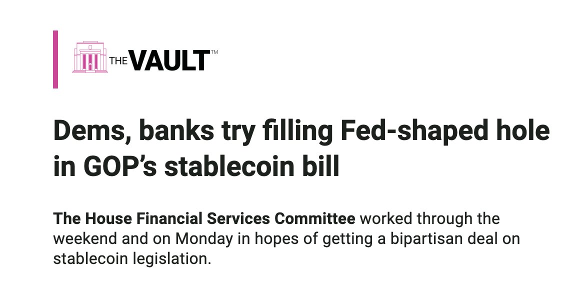 Big story this AM: Rep. Maxine Waters and the banking lobby are pushing hard against a provision of a GOP-drafted stablecoin bill that limits Fed oversight of state-level nonbank firms. 

Several bank trades wrote to HFSC with serious concerns last week https://t.co/L7N2tP3yFw https://t.co/lI9n0YFpmC