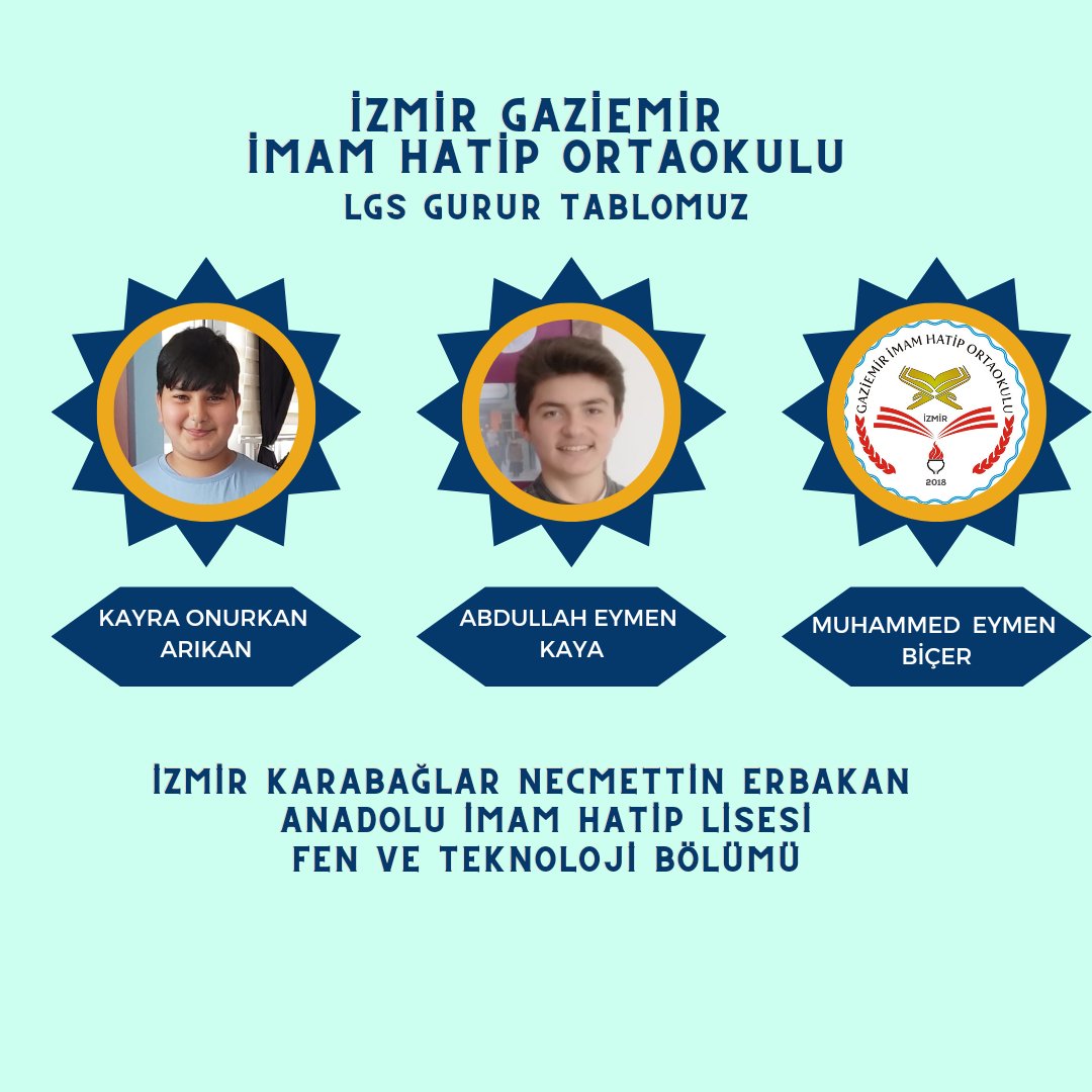 #LGS2023 tercih sonrası yerleşen öğrencilerimizle gurur duyuyoruz, gayretlerinden dolayı teşekkür ederiz. <a href="/tcmeb/">Millî Eğitim Bakanlığı</a>
<a href="/meb_dinogretimi/">MEB Din Öğretimi Genel Müdürlüğü</a> <a href="/izmir_ilmem/">İzmir İl Milli Eğitim Müdürlüğü</a> <a href="/MucahitYentur/">Murat Mücahit Yentür</a> <a href="/izmirdinogretim/">İzmir İl M.E.M. Din Öğretimi Bölümü</a> <a href="/yusufyilmaz_dr/">YUSUF YILMAZ</a> <a href="/gaziemir_mem/">Gaziemir Mem</a> <a href="/OGNDERSE/">OGÜN DERSE</a> <a href="/s_kntr/">Sema Kunter</a>