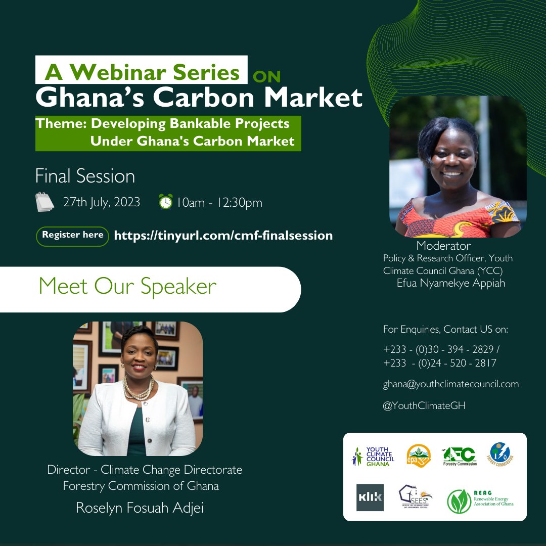 YouthClimateGH's tweet photo. Join us for an enriching finale!
Save the date for the grand finale session of our event:
🗓️ July 27th, 2023
⏰ 10:00 AM - 12:30 PM
Whether you're a seasoned pro or new to the Carbon Market, this session is a must-attend! Register here:🔗https://t.co/ntYgBiTKIC https://t.co/dvoQeMEKke