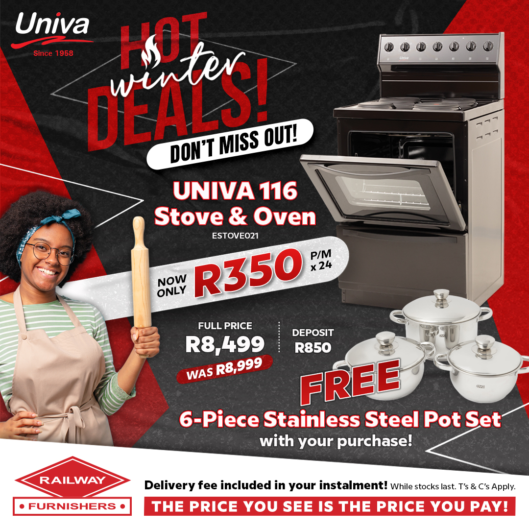 rail_furn's tweet photo. HOT Winter Deals with UNIVA! Buy the UNIVA 116 Stove &amp; Oven for ONLY R350 p/m (x24) and get a FREE 6 Piece Stainless Steel Pot Set. Don't miss out - only while stocks last! Visit your closest branch for more!
#RailwayFurnishers #thepriceyouseeisthepriceyoupay #hotdeals https://t.co/nDZoiMLkF9