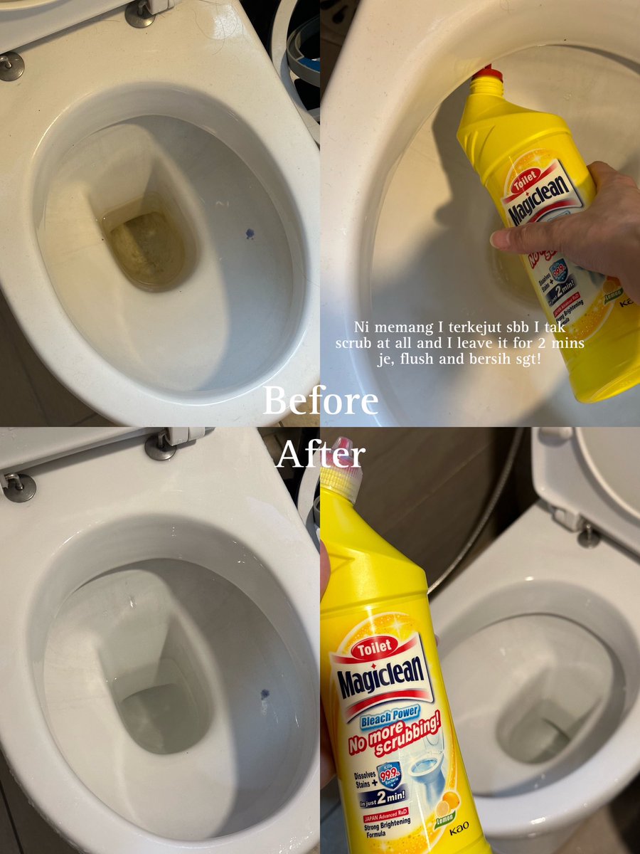 ImanAbdulRahim's tweet photo. Oki, jawapan dia mestilah this one! I spray je Stain &amp; Mold tu, then rinse dengan air takyah pun scrub to remove the black stains. Biar for 5 mins je, lepastu bilas. Siap! 

Sama dengan tandas pun takyah scrub tauuuu! Letak je Toilet Bleach for 2 mins and flush! https://t.co/idti523eKT