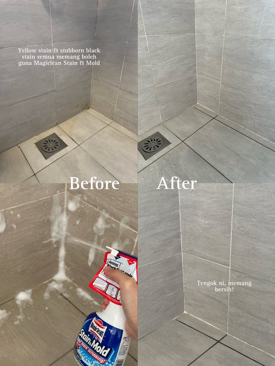 ImanAbdulRahim's tweet photo. Oki, jawapan dia mestilah this one! I spray je Stain &amp; Mold tu, then rinse dengan air takyah pun scrub to remove the black stains. Biar for 5 mins je, lepastu bilas. Siap! 

Sama dengan tandas pun takyah scrub tauuuu! Letak je Toilet Bleach for 2 mins and flush! https://t.co/idti523eKT