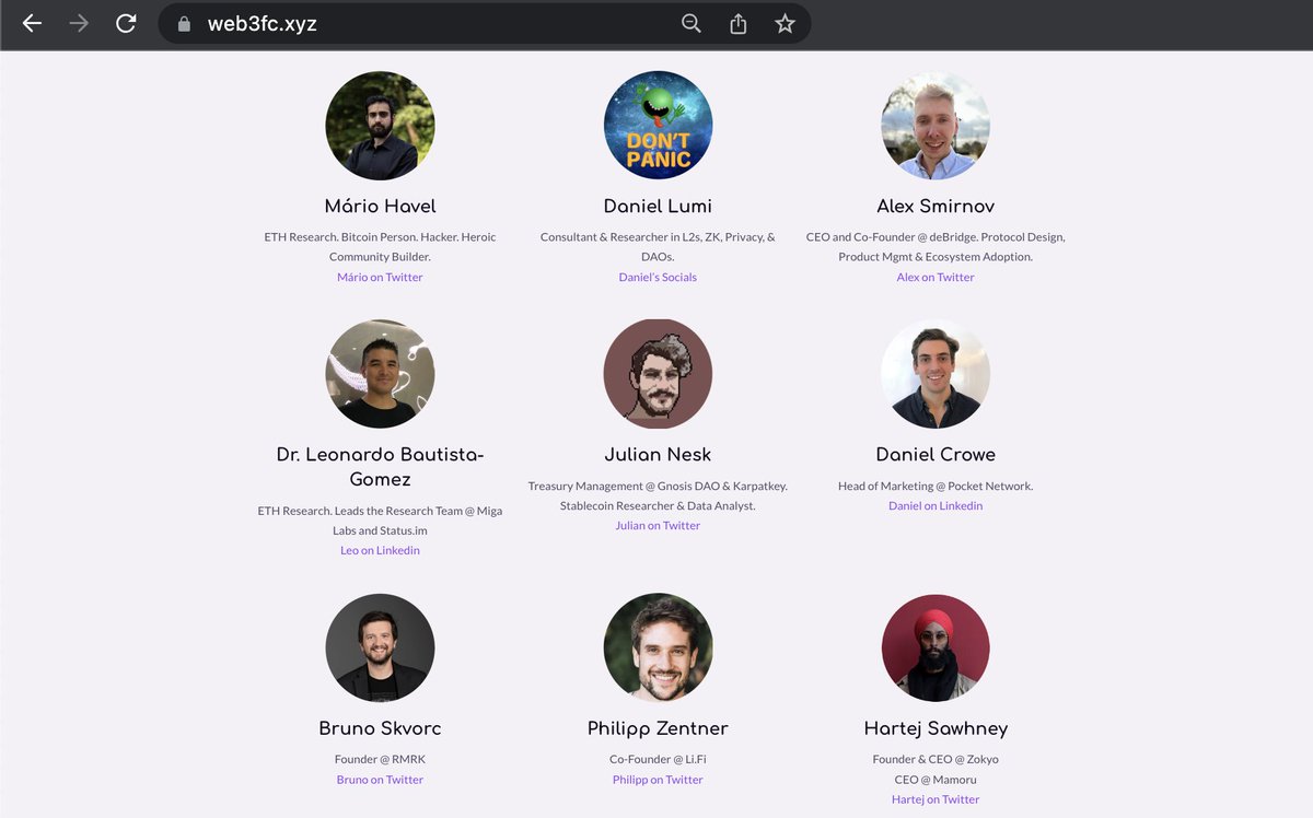 Speakers include Ethereum Researchers along with Founders and Core Devs of industry leading projects 💪

More speakers yet to be announced 🤓 

<a href="/zkLumi/">Lumi</a>, <a href="/0xNesk/">nesk.eth | nesk.gno</a> and <a href="/bitfalls/">Bruno Skvorc</a> to name a few 😍