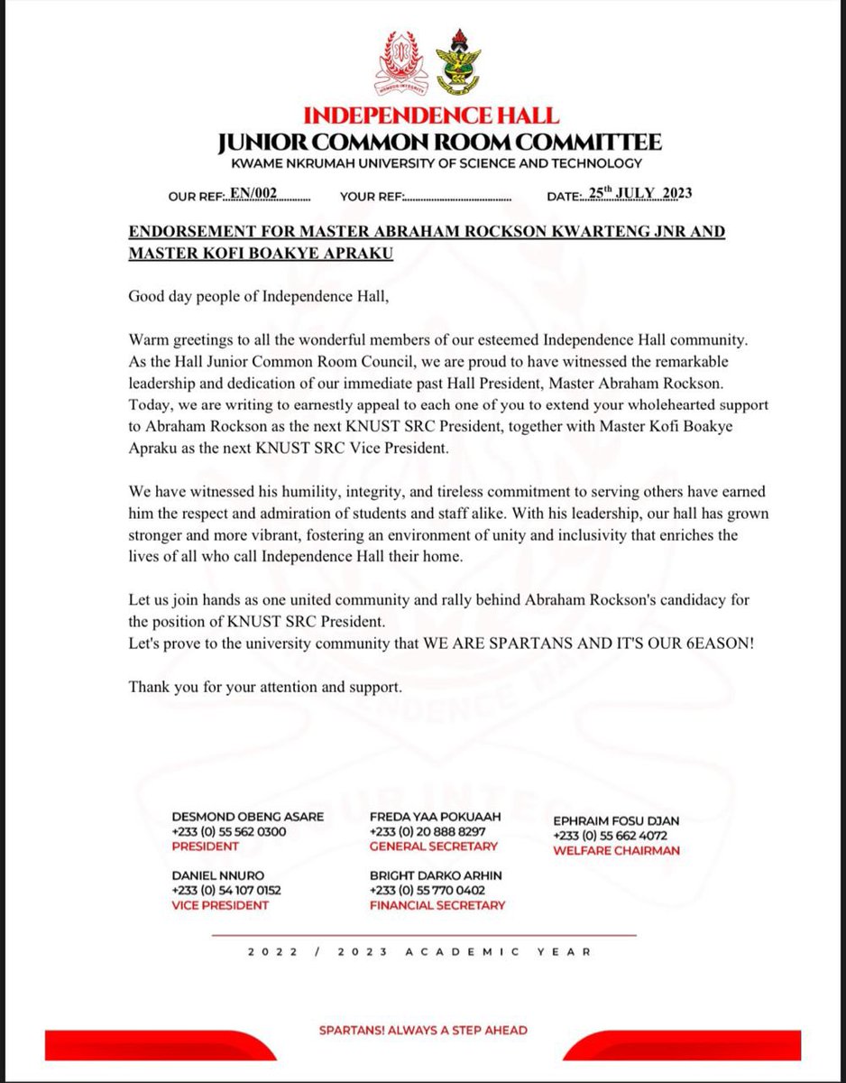 watsuptek's tweet photo. 📍📍 Journey to SRC 📍📍
The Spartans Community ( Independence Hall) Endorses Master Abraham Rockson ahead of tomorrow’s SRC Election. 

#WatsuptekReport  #KNUSTDecides https://t.co/K6pd0CTzG5
