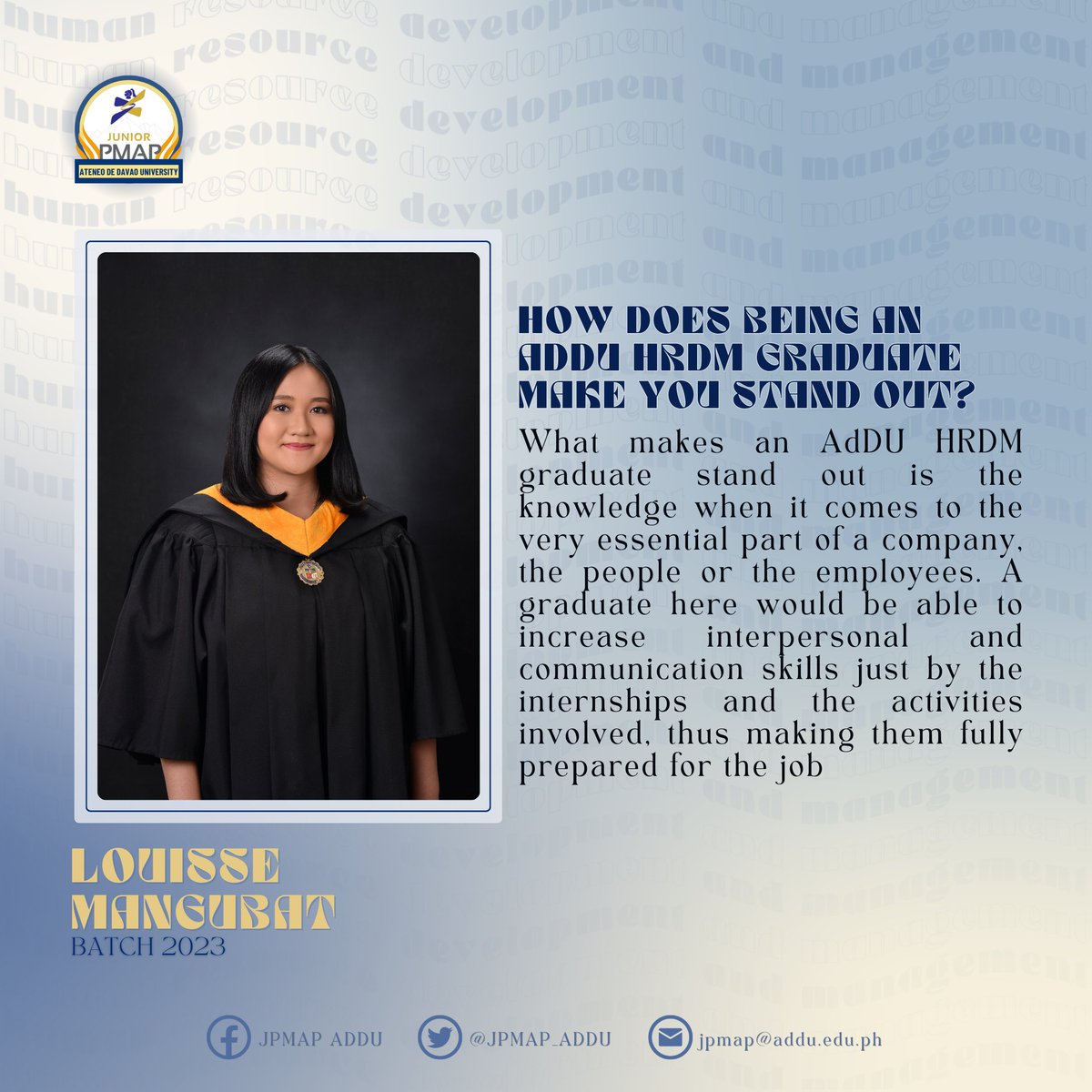 JPMAP_AdDU's tweet photo. LOOK | Meet our Batch 2023 Alumna, Louisse Mangubat, as she shares her compelling statement on why you should enroll in BS HRDM program at Ateneo de Davao University. 

#ChooseAdDUHRDM https://t.co/uBvVGQijzV