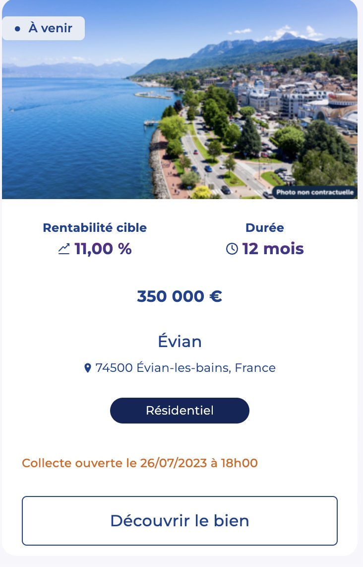 un_vestisseur's tweet photo. 👀 Nouveau projet demain en exclu pour les investisseurs sur le 1er projet de la plateforme - ou dimanche 

🏘️ #Tokimo
📍Evian (74)
💸 350K
🔢 11%
🗓️ 12 mois

#investissement #crowdfunding #immobilier https://t.co/skShFVrxYP