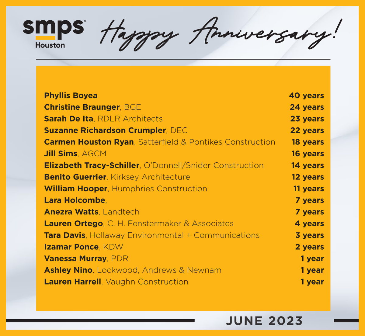 Happy Anniversary!
SMPS Houston Members drive our Chapter and the Society and through your membership, we continue to grow and thrive!
#SMPSHouston
#AECMarketing
