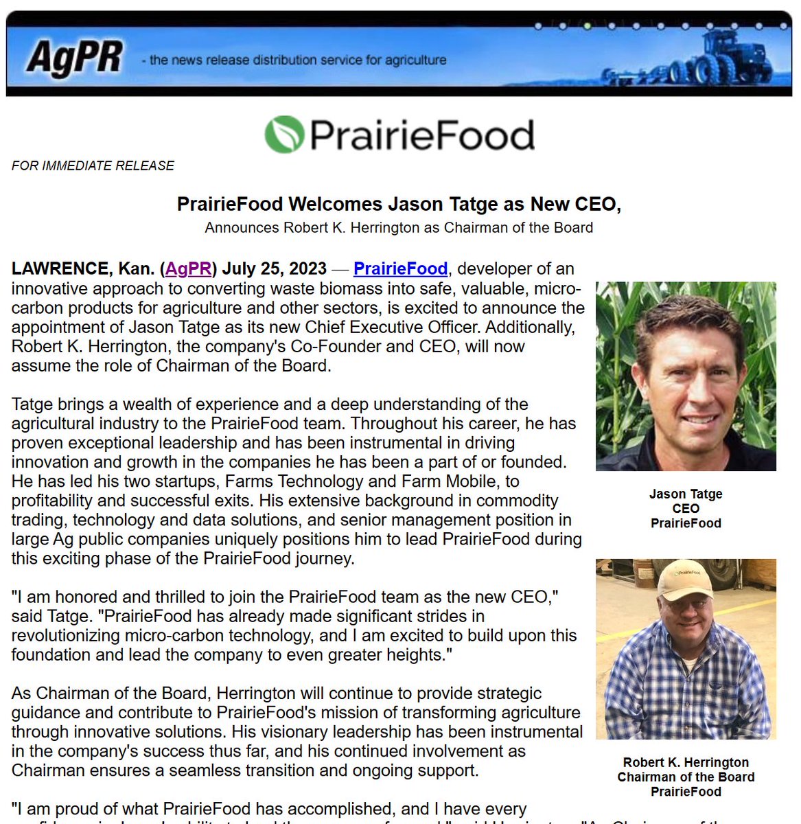 PrairieFood Welcomes Jason Tatge as New CEO,
Announces Robert K. Herrington as Chairman of the Board.
agnewscenter.com/archives.cfm?n… #PrairieFood #MicroCarbon #Biomass #SoilHealth #RNG #AgTech #CircularEconomy #RegenerativeFarming #MicroCarbonSoil #BiomassRNG <a href="/PrairieFoodNow/">PrairieFood™</a> <a href="/JasonTatge/">Jason Tatge</a>