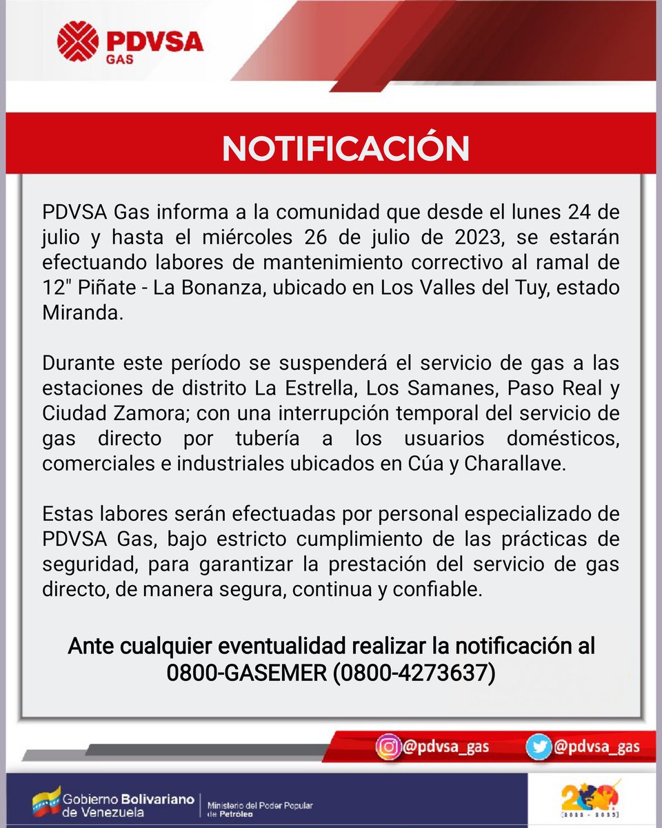 Servicio de gas directo se interrumpirá temporalmente en Charallave y Cúa hasta el #26Jul por mantenimiento.