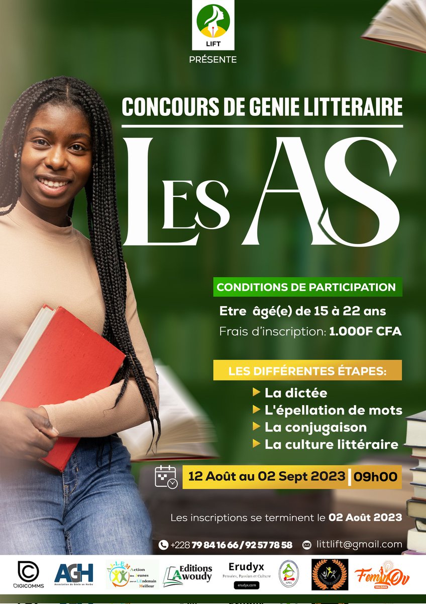 #Concours
La Littérature Féminine du Togo organise le génie littéraire "LES AS"!!!

✔️Conditions de participation :
- Être âgé(e) de 15 à 22 ans
- Être mordu.e.s de littérature
- Payer les frais d'inscription

N'hésitez pas à postuler via ce lien !😉
urlz.fr/mtUL