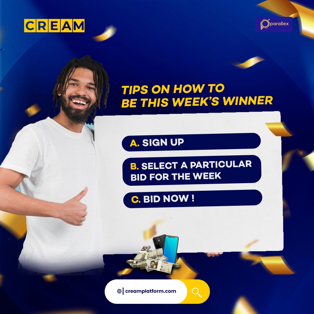 CreamBid's tweet photo. Tuesday Tips for #creamxparallex #bidoftheweek 🔆🤸🏾
It really could be you 🍀

Head on to https://t.co/sz2QH6DzWy now! https://t.co/nC8EdIE41e
