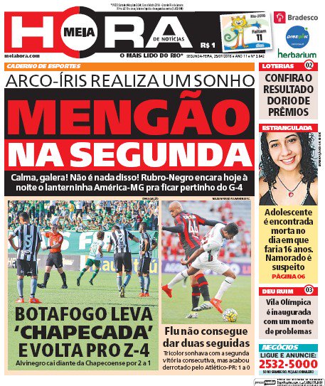 flahistoria's tweet photo. 25/07/2016 #flahistoria
[📰 @meiahora]

🖼️ Capa | Arcos-íris realiza um sonho: MENGÃO NA SEGUNDA

#FlaBr2016 #FLAxAMG #Flamengo https://t.co/wQsaJAIg6J