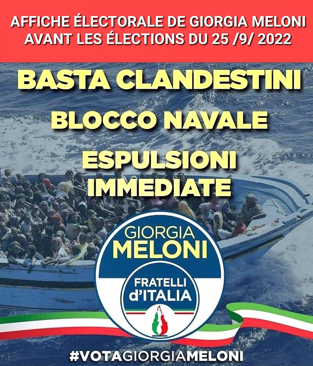 f_asselineau's tweet photo. 🚨LES ÉLECTEURS DU RN ET DE ZEMMOUR DEVRAIENT MÉDITER CE QUI SE PASSE EN ITALIE 
▪️9/22
Meloni fait une violente campagne anti-immigrés avant les élections du 25/9/22
▪️24/7/23
Meloni,devenue chef du gvt🇮🇹 le 22/10/22,déclare que «l'Italie et l'Europe ont besoin de l'immigration» https://t.co/m44mPDsVsS