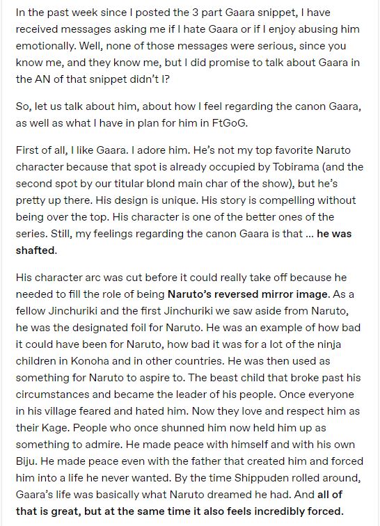Sythe79437205's tweet photo. Reading news on Boruto in 2023 is making me nostalgic for Naruto. I became a fan in 2002, way before there was even an anime or ffnet.
Here is a character piece I wrote for Gaara back in 2017. 
Gaara, whose character arc was cut before it began. (4/7)
https://t.co/VejuYIDN1N https://t.co/rYHvrtU5ns