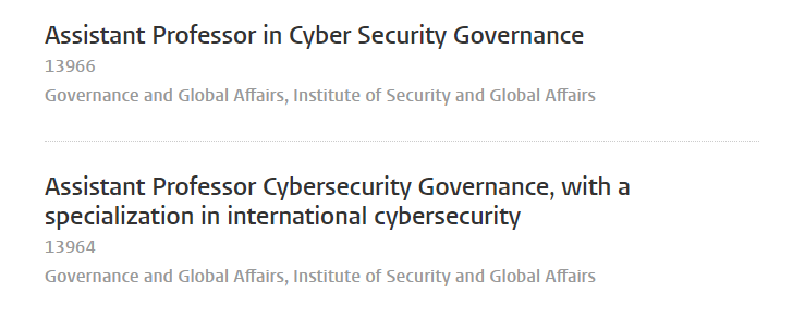 Two vacancies within the cybersecurity governance group we are a part of - please share and help us find new colleagues!

- Assistant Professor Cybersecurity Governance, with a specialization in international cybersecurity
- Assistant Professor in Cyber Security Governance

1/2