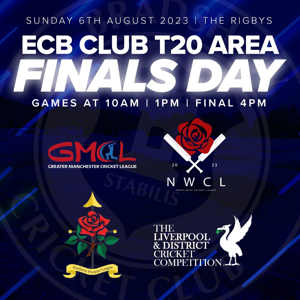BradshawCricket's tweet photo. We’re delighted to announce that we are hosting the ECB ClubT20 Area Finals Day on Sunday 6th August!

We will have each T20 winners (TBC) from the @GtrMcrCricket, @lpoolcomp, @npremierleague &amp; @nwcricketleague battling it out to get through to the next stage!

👀 More to follow! https://t.co/IIrPP05nWG