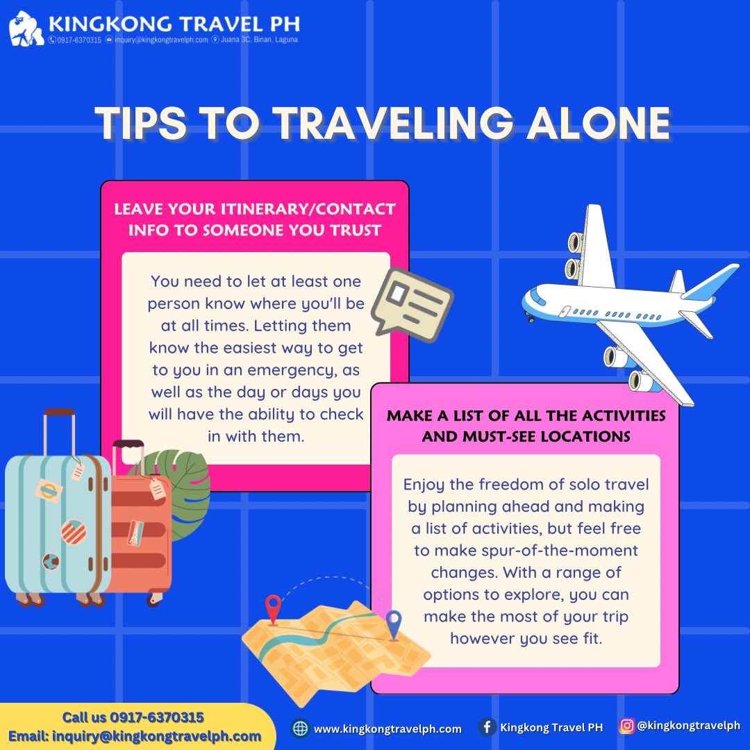 kingkong_ph's tweet image. If you’re planning to embark on a solo adventure in the future, we’ve got your back!🎉🌟 Here are some awesome tips to make your solo travel experience an unforgettable one. #SoloTravelPerks #WanderlustOnTheGo #AdventureUnleashed #KingkongTravelPh #TravelDeeper