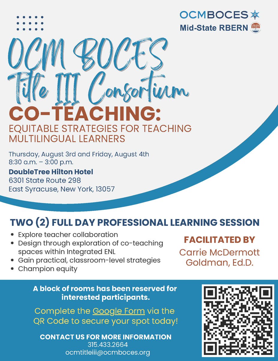 Teacher &amp; Leader Friends -

OCM BOCES Title III Consortium is hosting a Co-Teaching: Equitable Strategies for Multilingual Learners FREE two-day Summit in East Syracuse, NY. 

Registration is open and includes lodging at no cost!

Reserve your spot today: 
forms.gle/KB8qmV6STPze4q…