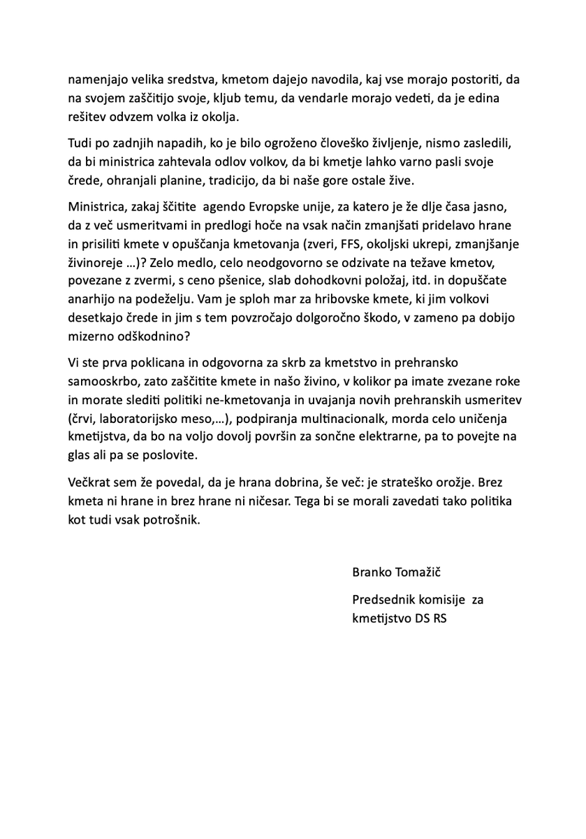 strankaSLS's tweet photo. Javno pismo Branka Tomažiča | Koga ščiti Ministrstvo za kmetijstvo, gozdarstvo in prehrano RS z ministrico Ireno Šinko na čelu: volkove ali kmeta? https://t.co/O50DOsa2VT