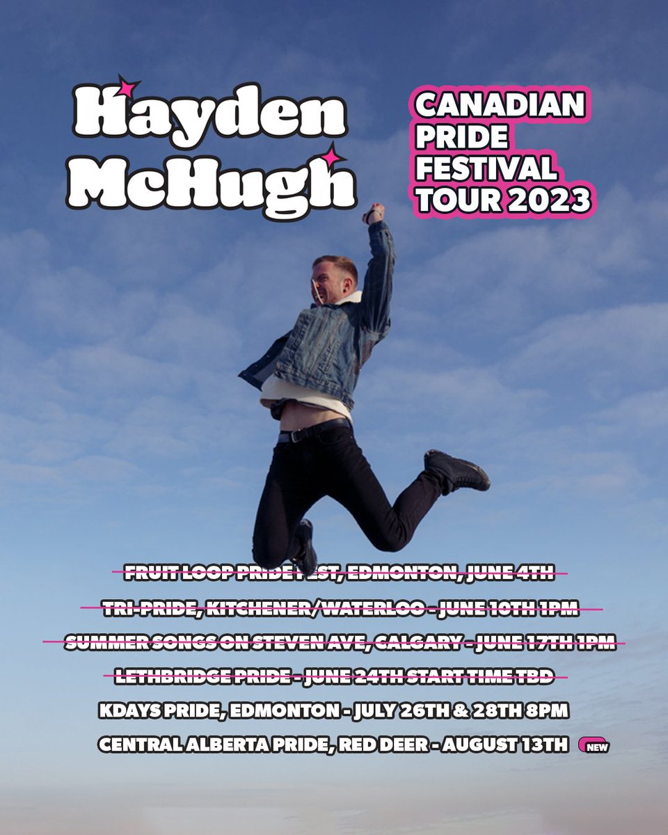 haydenmmusic's tweet photo. New Pride tour dates!! ✨️
Thrilled to be out this week at @KDaysyeg to be apart of their #pridedays both on Wednesday and Friday.
Also hitting up #centralalbertapride on August 13th for two back to back shows the same day.
See you soon!! https://t.co/1FKvabJTdn
