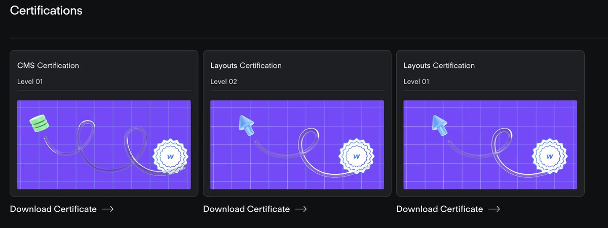 I've just earned these. 
It was more difficult than I thought. Tbh <a href="/webflow/">Webflow</a> university it`s a really great platform, and it`s free.