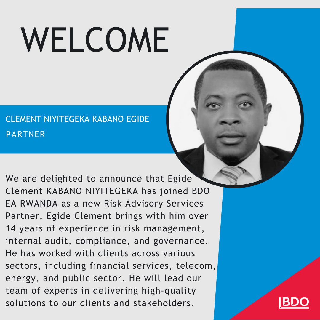 Let's come together to offer a heartfelt welcome to Egide Clement as he embarks on his new role with our team. We wish him every success in this exciting endeavor!  #BDOProud #RiskAdvisory #ExcellenceInService