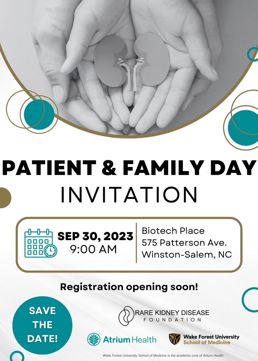 REGISTRATION COMING SOON! Our foundation is excited to announce a Patient & Family Day in partnership with Atrium Health and Wake Forest University School of Medicine. 
#raredisease #research #doctor #Medical #adtkd #ckd #kidneys #kidneydonor #kidneywarrior #nephrology #medicine