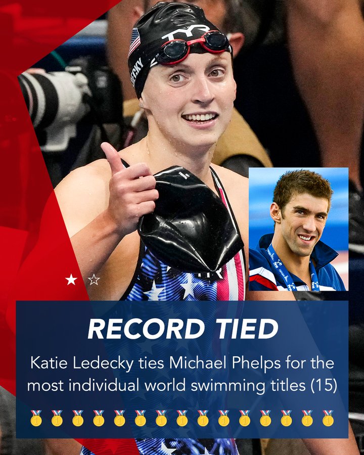 A graphic featuring a photo of US swimmer Katie Ledecky with a smaller photo of Michael Phelps. The text graphics says "Record Tied", "Katie Ledecky ties Michael Phelps for the most individual world swimming titles (15)"