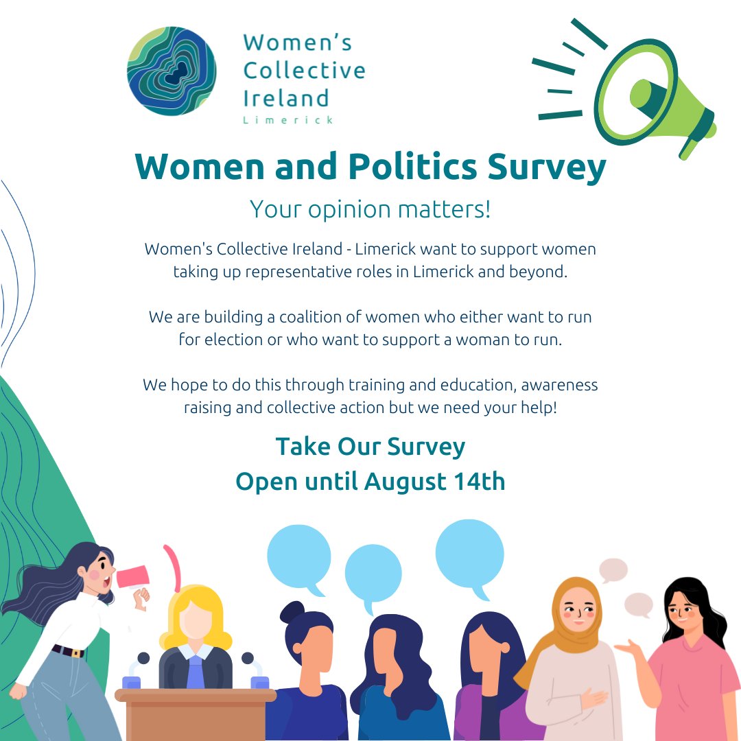 We are working hard to increase women's participation and representation in local politics and activism but we need your help! Please fill out & share our Women and Politics Survey LINK: forms.gle/uJJ4j89bj76qeC… #womeninpolitics #MoreWome #MoreMna #CountHerIn #Women #Limerick