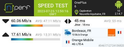 Ari33260's tweet image. ↓60055 kb/s ↑17605 kb/s, ⇄ 45 ms / mobile:Orange Mobile / #OnePlus6 / #nPerf v2.14.7 /