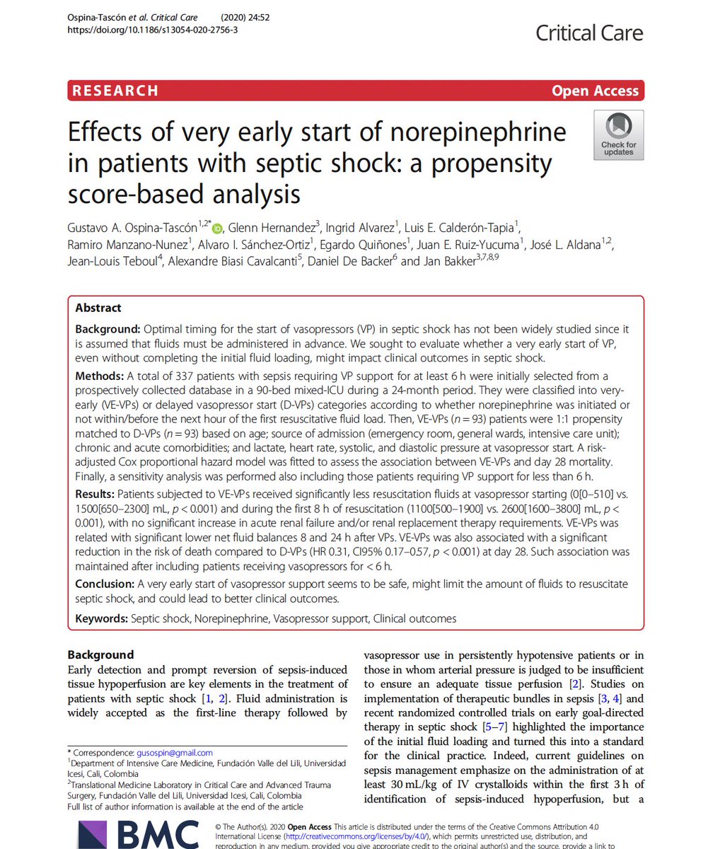 More and more data on early NE in septic shock! Now a fundamental experimental high-quality study by Ospina-Tascón et al! Impressive elegant data! Plus previous ones I have no doubts concerning early NE in predominant vasoplegic septic shock pts (high DSI with normal PP)! 💪