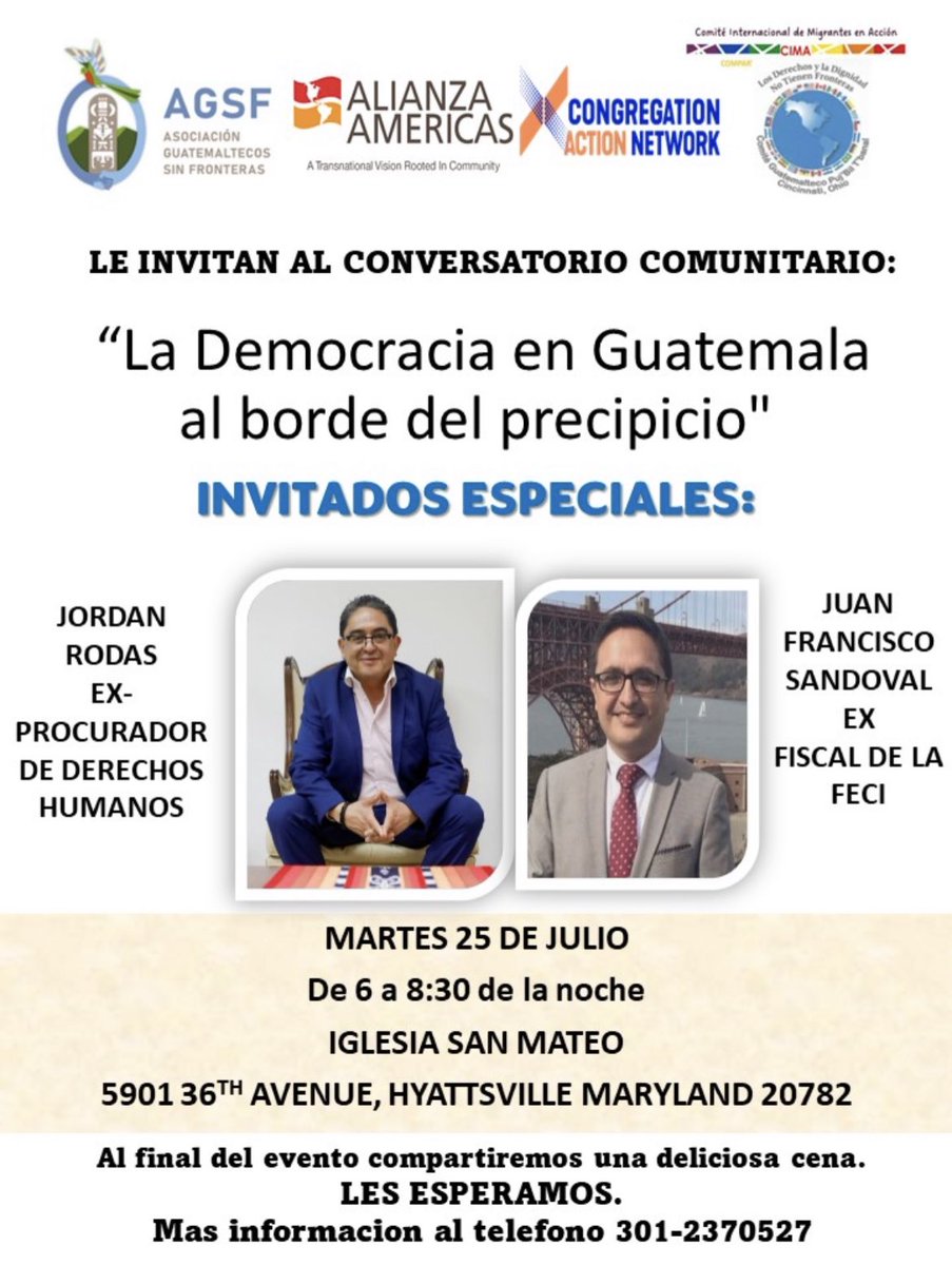 JSandoval1982's tweet image. Hoy a las 18.00 hrs. de Centroamérica, junto con ⁦@JordanRodas⁩, les invitamos al conversatorio comunitario: “La democracia en Guatemala al borde del precipicio”.
#NoAlGolpe #SíALaDemocracia.