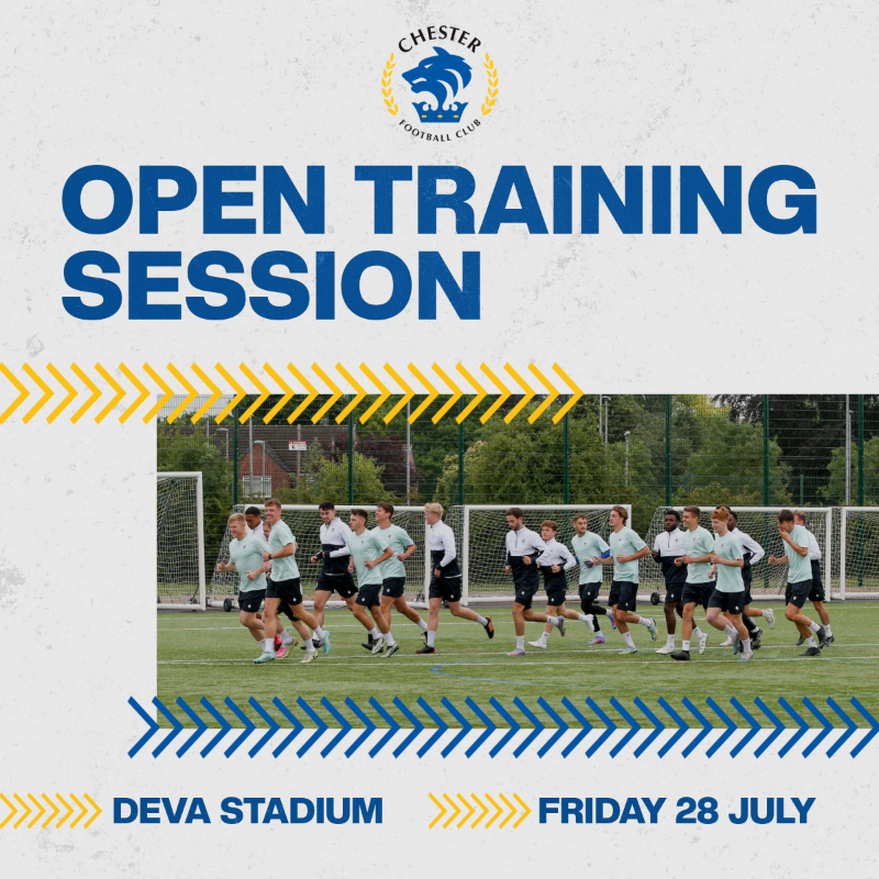 ChesterFC's tweet photo. 🏟️ We are hosting an Open Training Session at the Deva Stadium on Friday morning!

The event is FREE to attend and there's lots going on from 9.30am-1pm. 👇

#OurClub 🔵⚪️