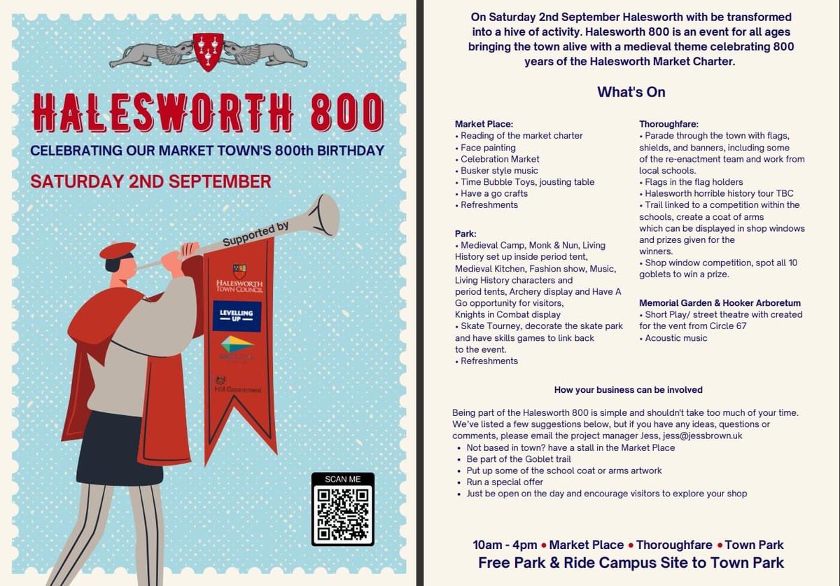 📣Celebrate the 800 year anniversary of Halesworth's Market Charter on the 2nd September.
If you're a business and would like to be involved please see details below.