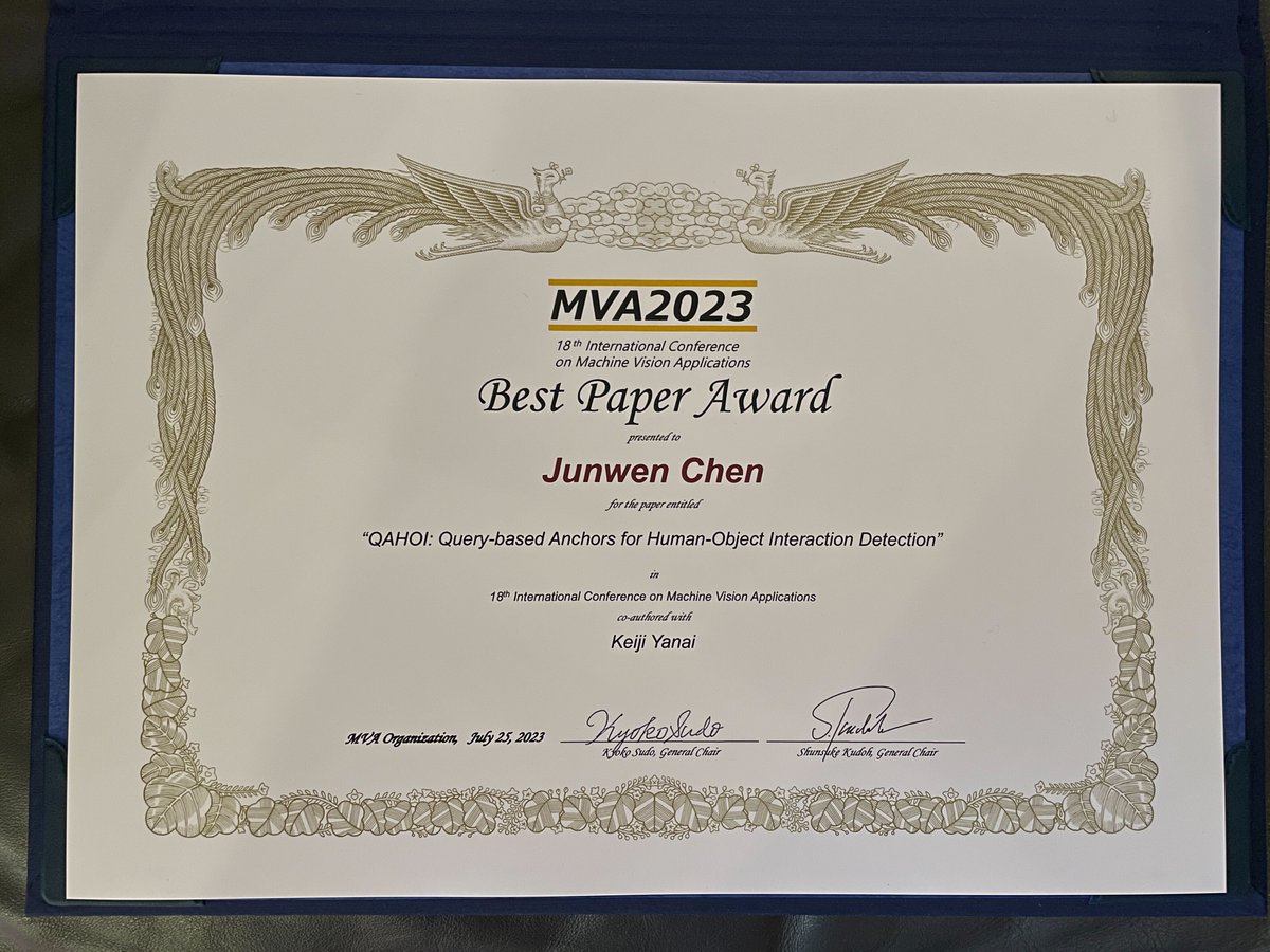 M2の陳俊文君が MVA ( mva-org.jp/mva2023/ ) で Best Paper を取りました！
1/126だったそうです．おめでとうございます！