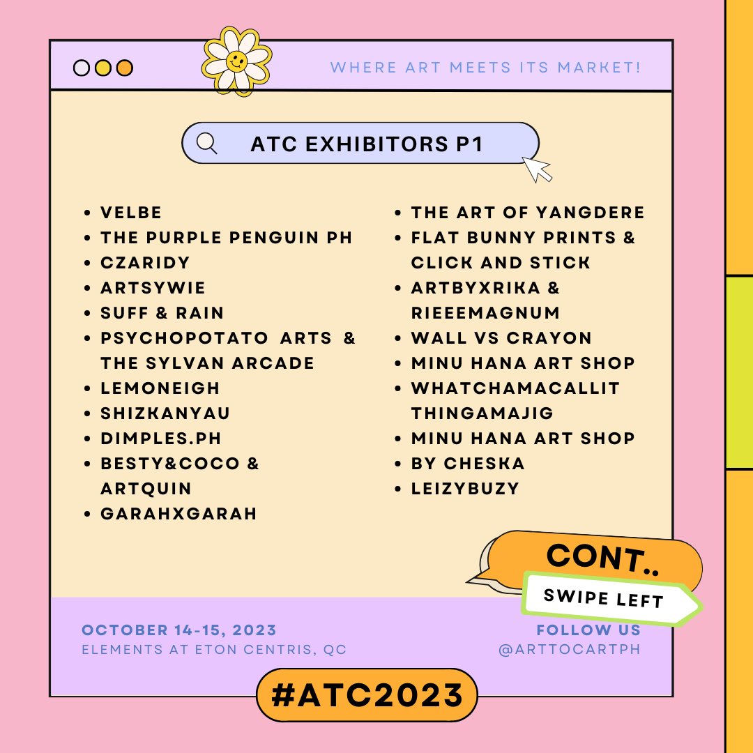 arttocartph's tweet photo. Art to Cart 2023: Official Exhibitors
(Part 1)

Drumroll, please!🥁 
ATC is beyond thrilled to unveil our official lineup of exceptionally talented local artists who will be showcasing their incredible creations at Art to Cart 2023 this October 14 - 15!

#ArtToCart2023 #ATC2023 https://t.co/GDPTfaz08p