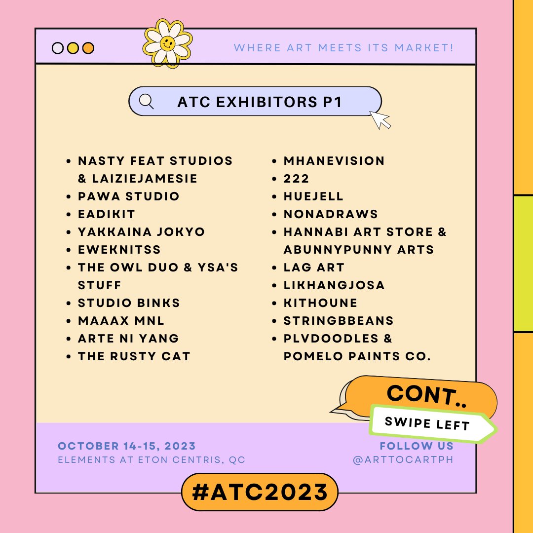 arttocartph's tweet photo. Art to Cart 2023: Official Exhibitors
(Part 1)

Drumroll, please!🥁 
ATC is beyond thrilled to unveil our official lineup of exceptionally talented local artists who will be showcasing their incredible creations at Art to Cart 2023 this October 14 - 15!

#ArtToCart2023 #ATC2023 https://t.co/GDPTfaz08p
